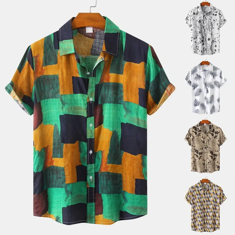 

2022 Summer Hawaiian Shirt Men Print Lapel Short Sleeve Vintage Casual Button Down Shirt Camisa Masculina