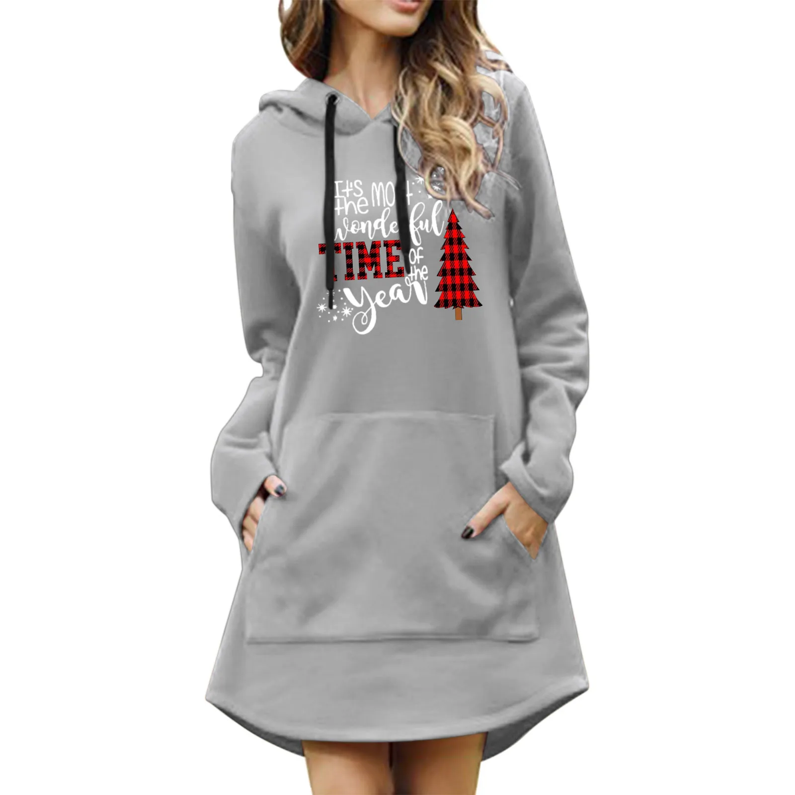 

Fleece Top Women Women Christmas Letter Christmas Tree Printing Drawstring Hooded Christmas Pocket Long Clothes Teen Girls