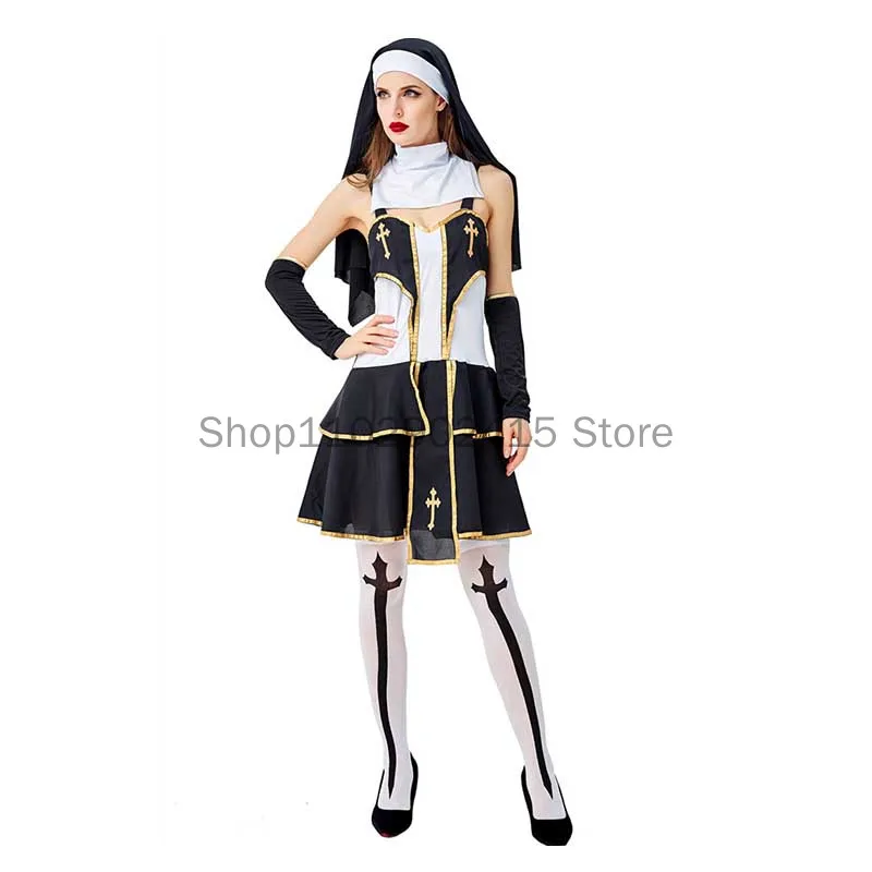 

2023 Female Sexy Missionary Cosplay Halloween Nun Costumes Carnival Parade Bar Role Play Women Party Dress Masquerade Nightclub