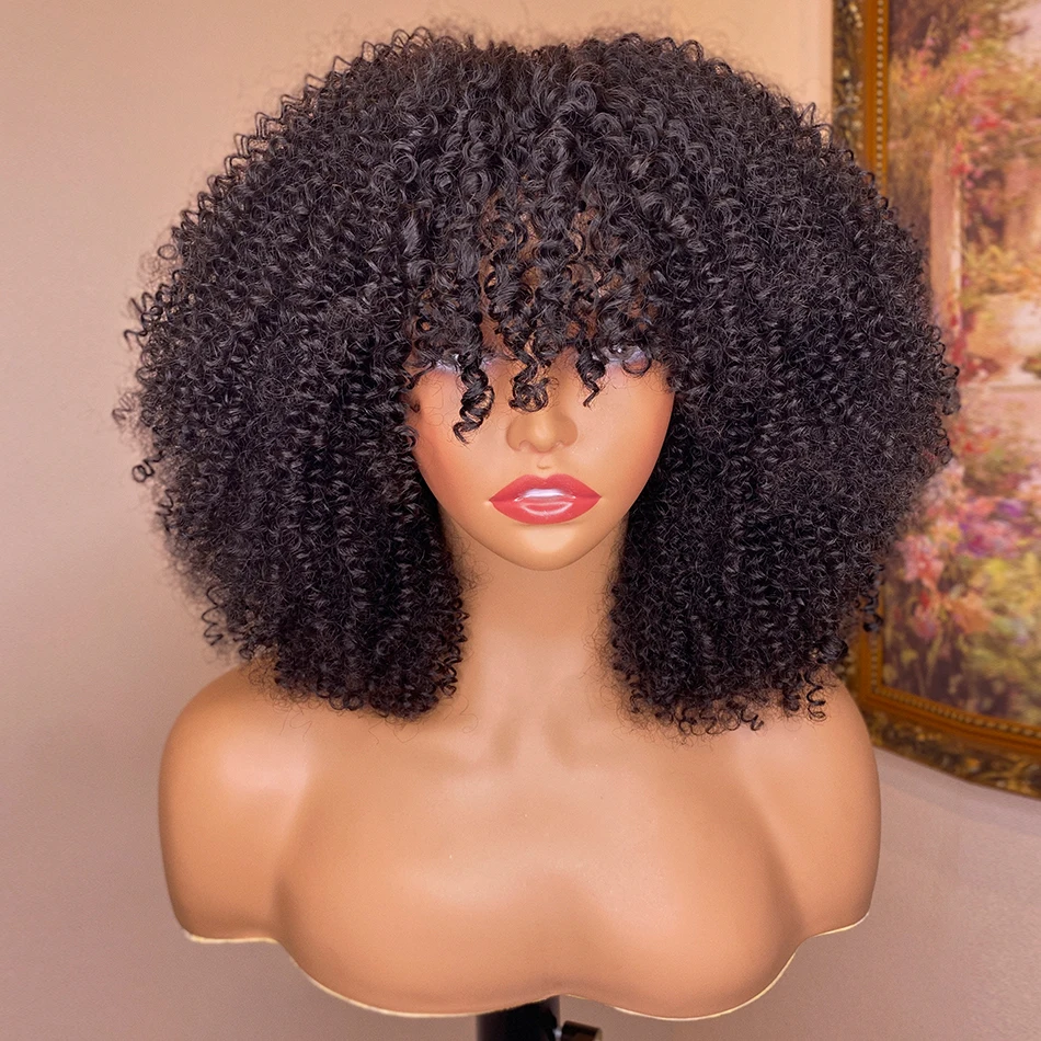 

200% Density Jerry Curly Short Bob Wigs With Bangs Brazilian Full Machine Made Human Hair Wigs Cheap Afro Curly For Black Women