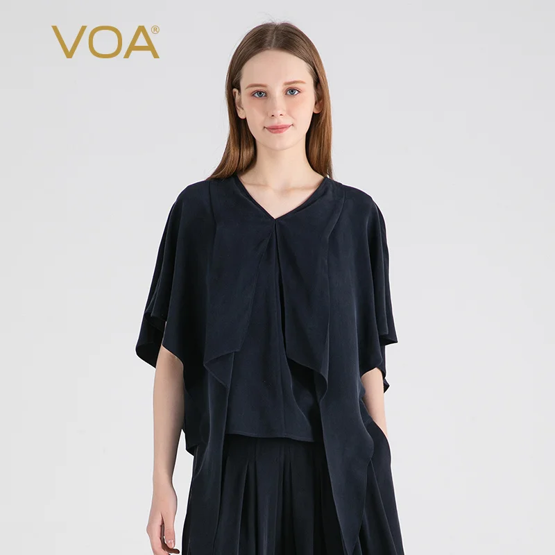 

(Fans Exclusive Discount) VOA Heavyweight Silk V-Neck Raglan Short Sleeve Loose Tops Navy Silk T-shirt Women Clothing BE1503