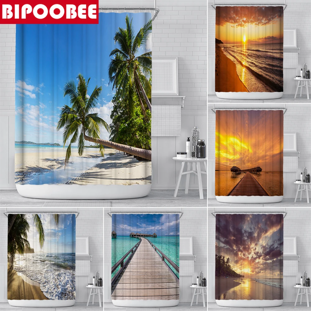 

Ocean Sea Beach Coastal Scenery Bathroom Shower Curtains Waterproof Polyester Fabric Bath Curtain with 12 Hooks Home Decor