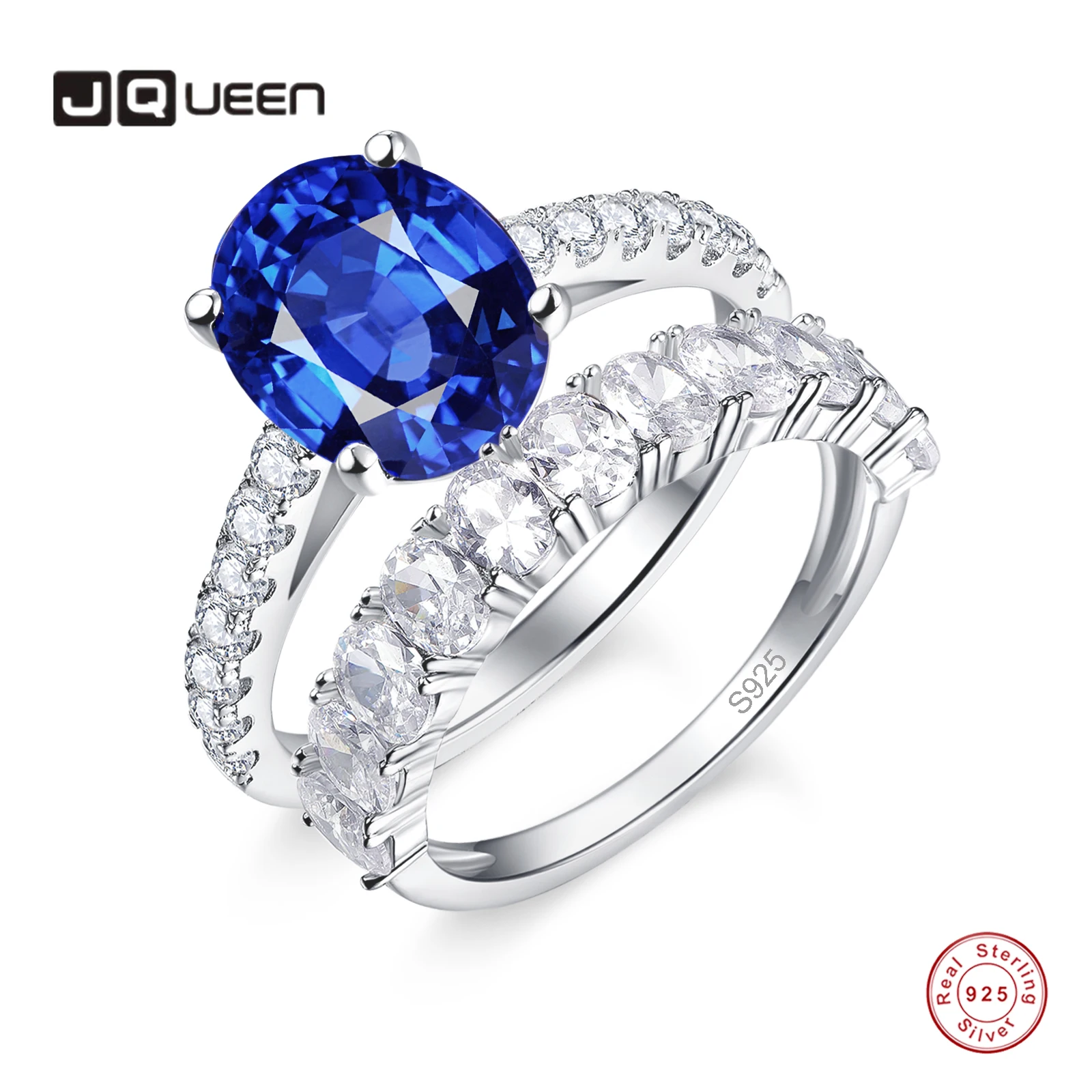 

925 Sterling Silver Women's Rings Jewelry Ring 1ct Oval Blue Sapphire Olive White Cubic Zirconia 2 Pcs Ring Wedding Gifts