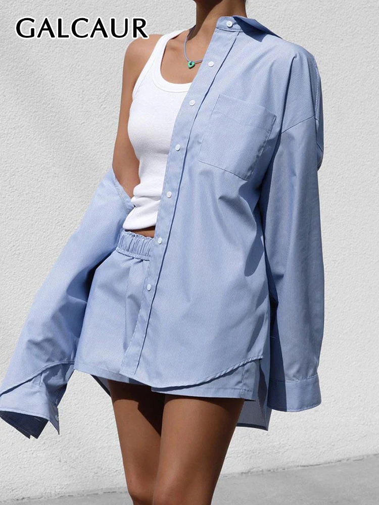 

GALCAUR Minimalist Two Piece Sets For Women Lapel Long Sleeve Patchwork Single Breasted Top High Waist Shorts Loose Set Female