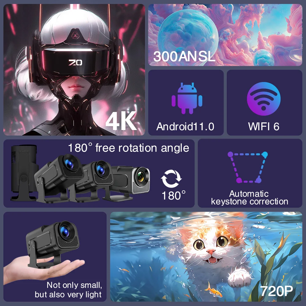 Фото Велек 300 Ansi HY320 Мини-проектор Обновление 4K Android 11 WiFi 6 BT 5.0 Allwinner H713 Домашний уличный портативный проектор для кемпинга №1