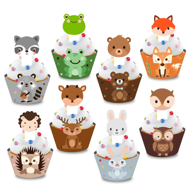 

24pcs Safari Jungle Party Animal Cupcake Wrapper Cake Topper Kids Birthday Woodland Forest Animals Theme Party Decor Baby Shower