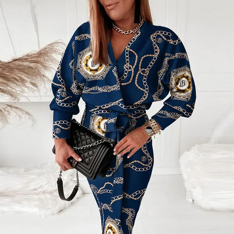 

Fashion Pattern Print Lace-up Midi Dress Fall Women Elegant V-neck Waist Slim Party Dress Spring Casual Long Sleeve Office Dress