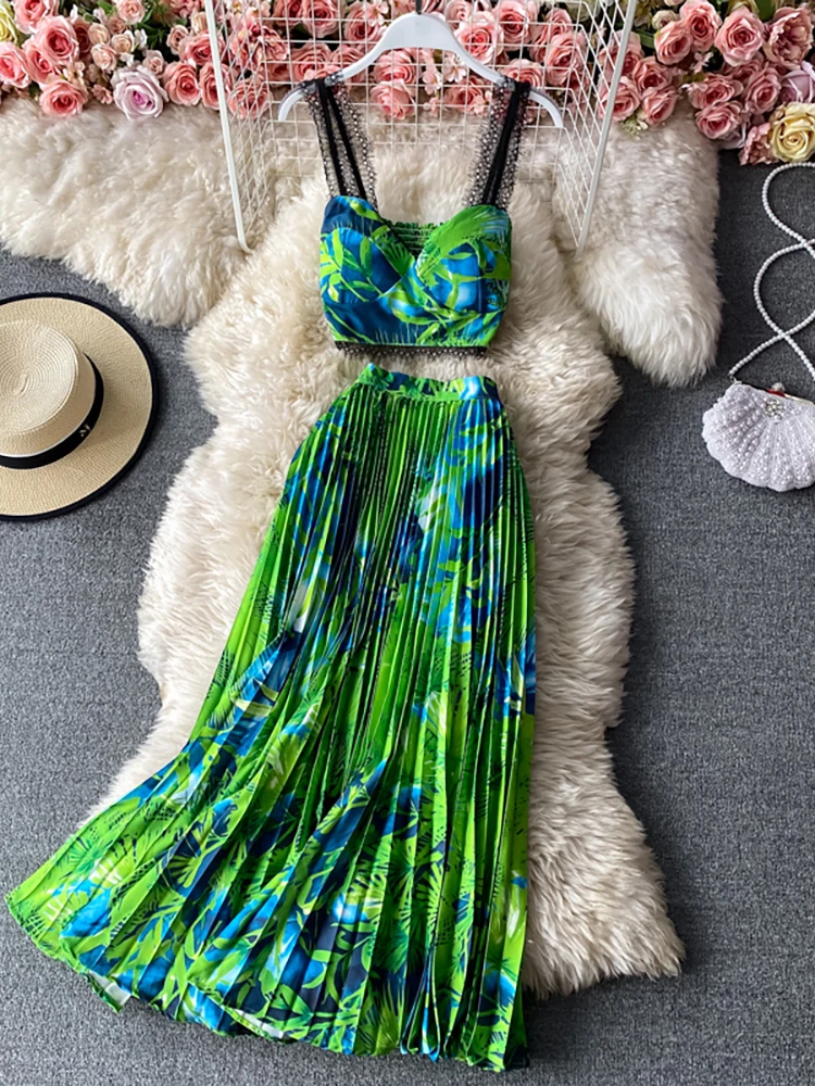 Bohemian tatil plaj 2 adet Set kadın çiçek baskılı kısa straplez üstler ve yüksek bel pilili uzun etek takım elbise bahar yaz