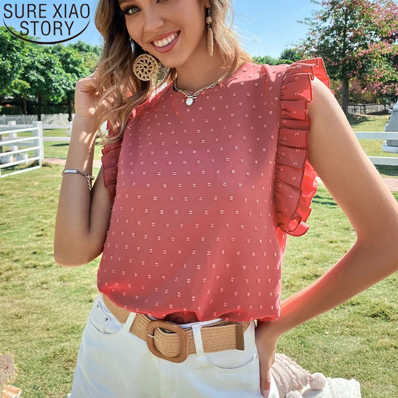 Burgundy Short Sleeve Tops Fashion Dot Print Chiffon Blouse Sweet Women Shirts Casual Loose Summer Round Collar Clothes 21692