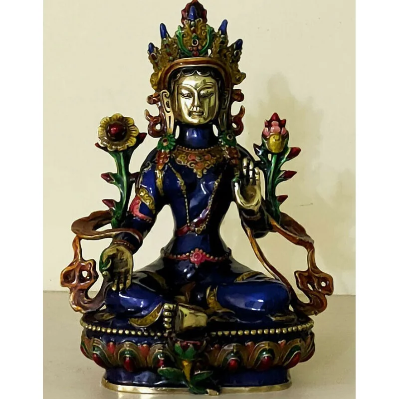 

Antique Cloisonne technique Handwork Carved green Tara Old Bronze statues