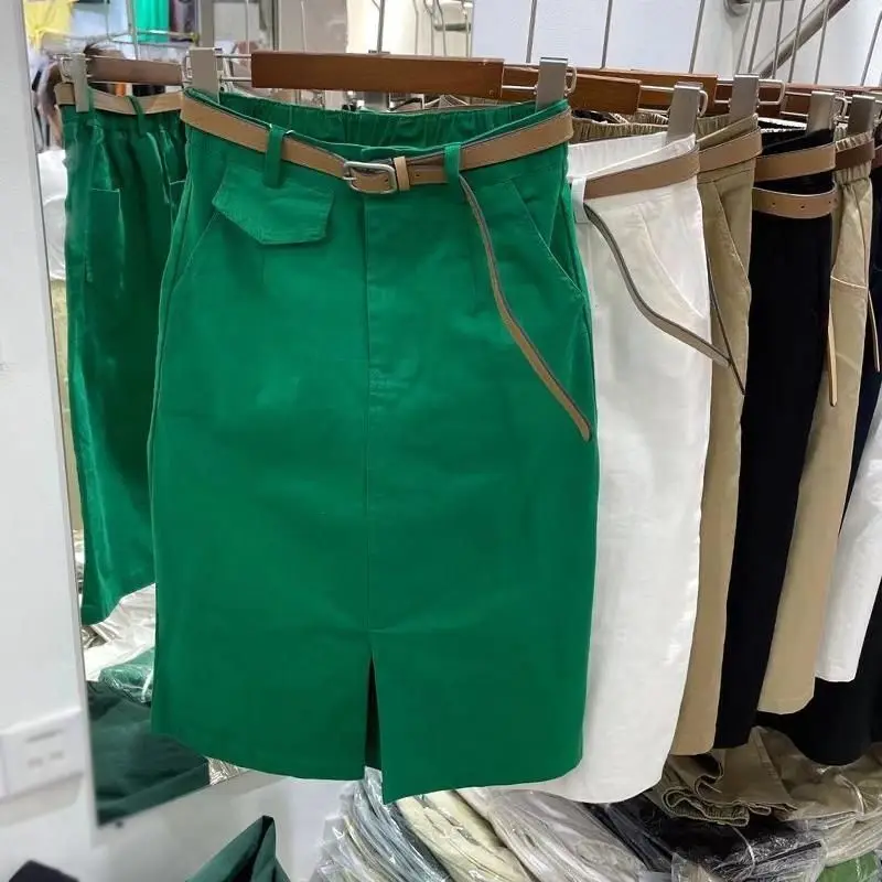 2022 new Korean  dark pattern slit small design autumn mid-length denim skirt  vintage  Cotton  Loose Fit  Casual  Solid