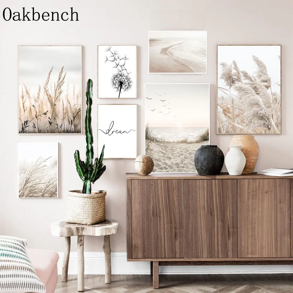 Сушеная трава холст плакат Пляжная морская стена искусство тростник