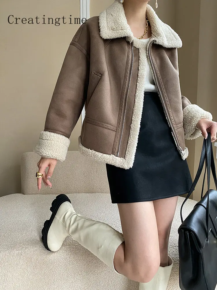 Splicing Hit Color Fur Coat Women's Fur One Biker Jacket Padded Thicken 2022 Autumn Winter New Lapel Zipper Female Jackets 1A281