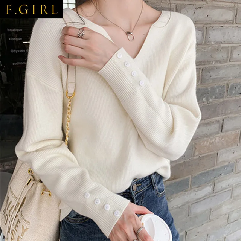 2022 Autumn Spring Women Sweaters Female Tops Knitted Thin Pullover Solid V-neck Loose Elegant Office Lady Casual All Match