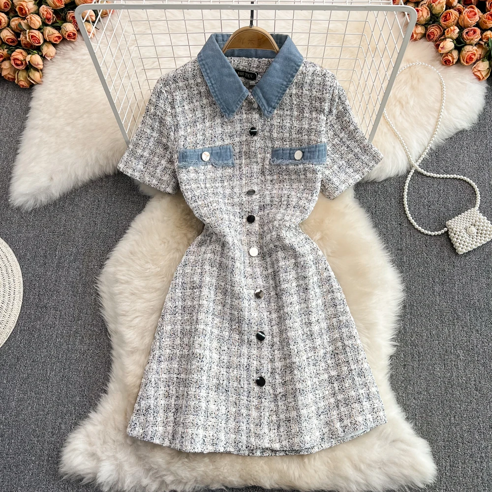 

FTLZZ Spring Autumn New Women Slim Waist retraction Lapel Tweed Dress Female Single Breasted Short Sleeve Solid Casual Dresses
