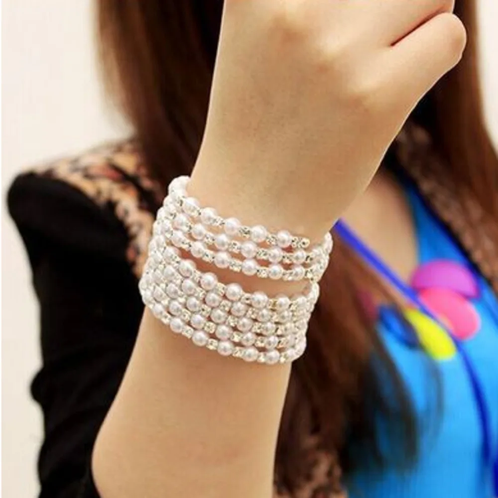

New Wedding Wide 3/5 Row Pearl Bracelets Bangles For Women Crystal Female Hand Bracelet Charms Silver Color Braclet