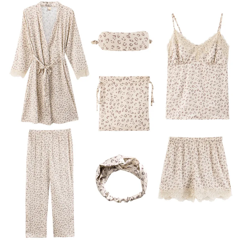 7pcs Women's Silk Pajamas Sets Home Robe Pants Sets Lace Satin Pyjamas Women Spring Summer Pyjama Sets Travel Kit Dropshiping