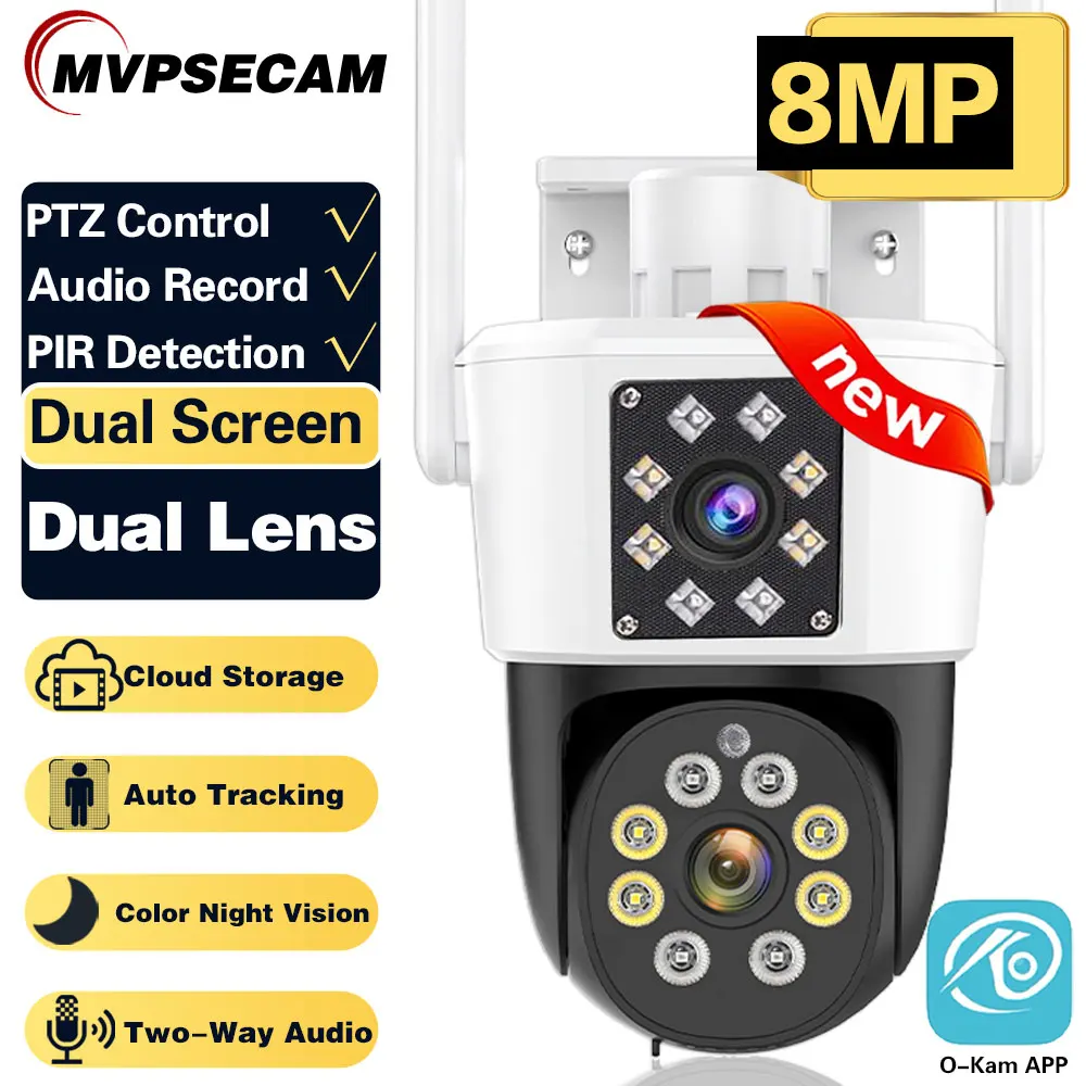 

HD 8MP PTZ WiFi Camera Dual-Lens Dual Screen Multiple Views Human Detect Smart Security Cameras Outdoor Waterproof Night Vision