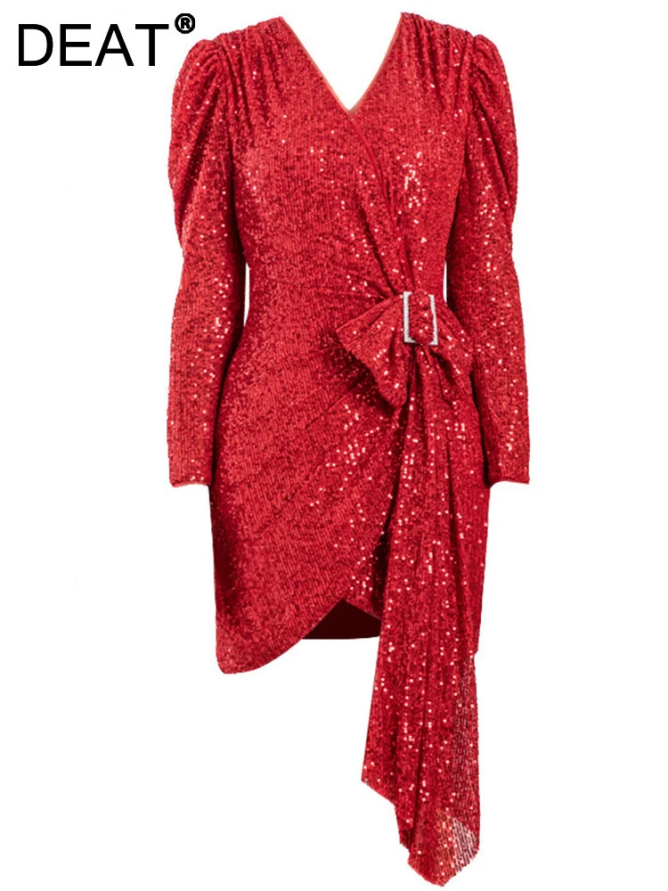 

DEAT Fashion Women's Dress V-neck Asymmetrical Kink Lace Up Waist Sequins Puff Sleeve Mini Dresses Female Spring 2023 New 7DS453
