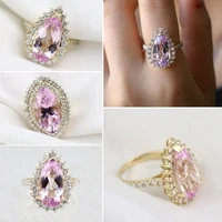 classic pink faceted water drop shaped crystal ladies ring with shiny rhinestone cz for women party wedding jewelry