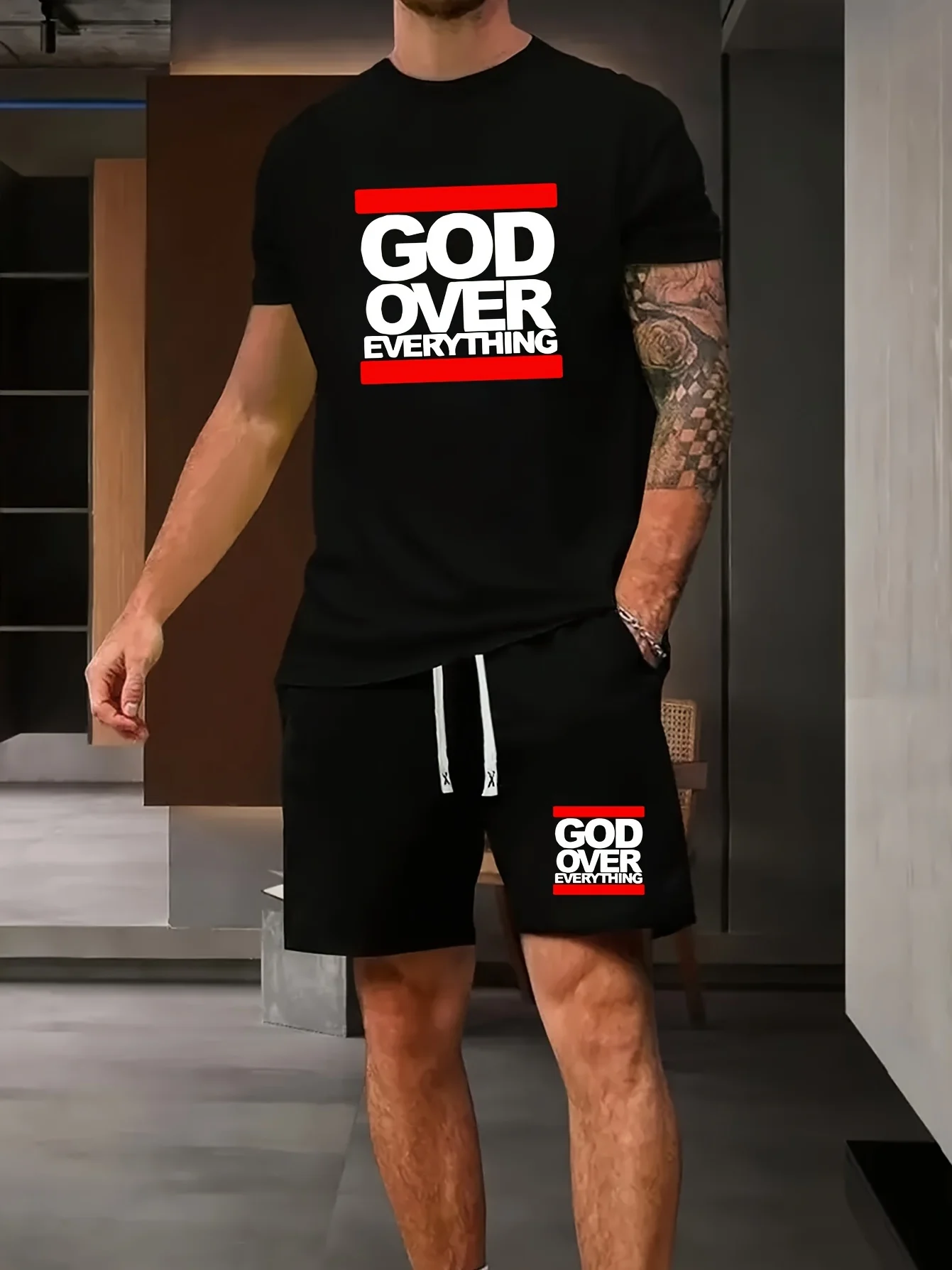 Мужская футболка с коротким рукавом и шорты на шнуровке принтом