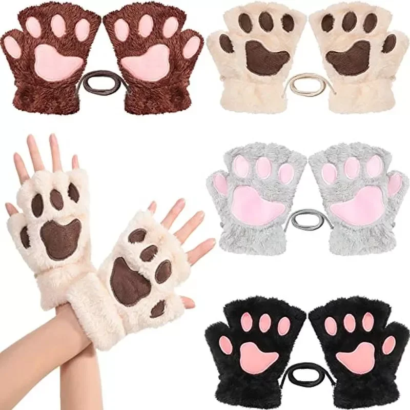 

Warm Half Finger Gloves for Women Cute Cartoon Cat Paw Gloves Anime Kitten Thicken Fuzzy Plush Fingerless Mittens Gifts