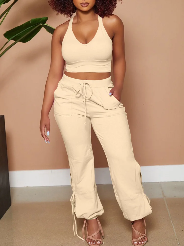 

Sexy V Neck Vest And Pockets Pants Outfits Women Solid Summer Slim Two Pieces Set Femme Hollow Out Pants Streetwear Matching Set