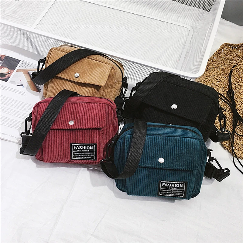 

Women Canvas Single Shoulder Messenger Bag Small Square Bag Corduroy Bag 2023 new Label Small Cloth Bag With Lid Simple Fashion