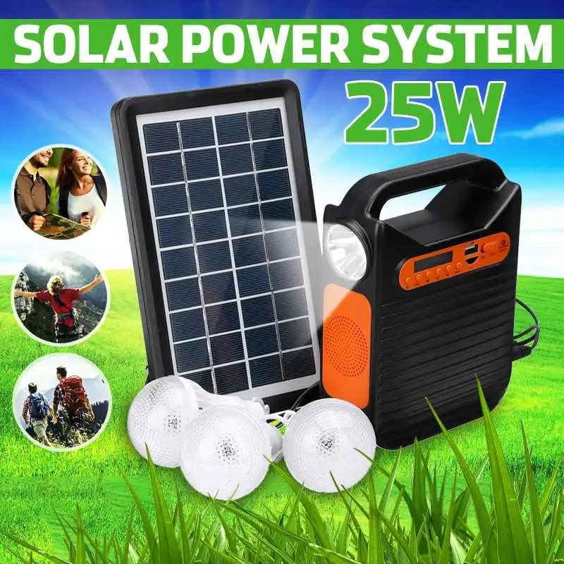 

25W Solar Powered System Emergency DC System Light Kit Solar Generator FM Radio Audio USB Card Power Generation With Solar Panel
