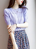knitted sweater thin summer womens 2022 short sleeved o neck t shirt fashion age reducing purple ice silk top y2k clothes mujer
