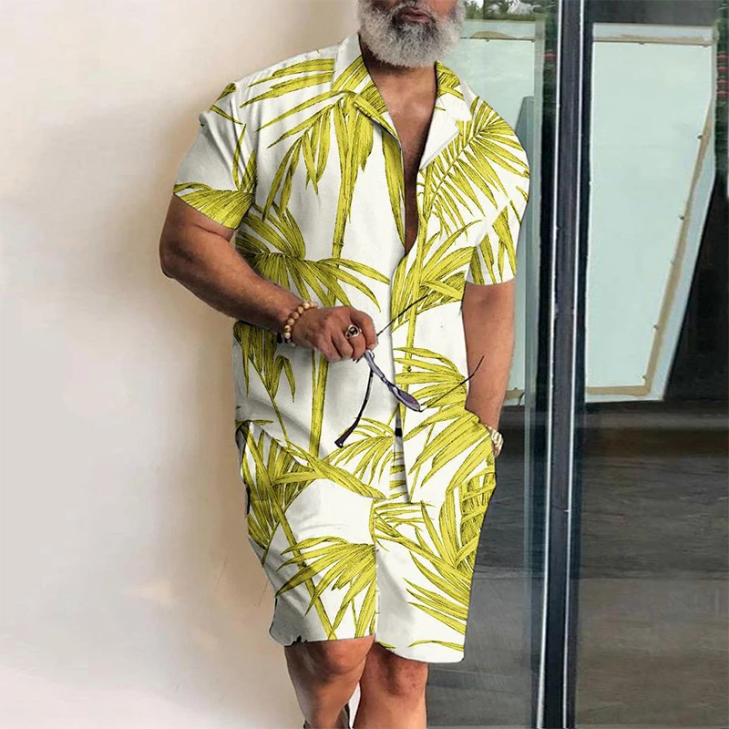 New Summer Hawaiian Printed Men Suit Fashion Lapel Shirt And Shorts Two Piece Sets 2023 Casual Loose Man Beach Outfits Clothes