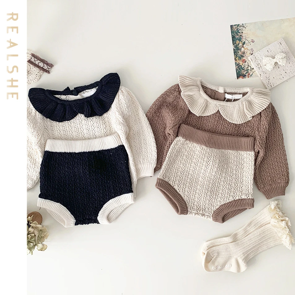 

2023 Newborn Baby Clothes for Girls Set Knitted Long Sleeve Shirt Shorts 2Pcs Set Autumn Infant Baby Clothing Outfit