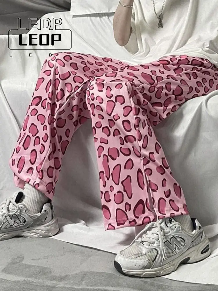 

LEDP Summer Street Women's Pants Wide Leg Trousers Harajuku Pink Leopard Print Casual Straight High Waist Slim Y2k Trouser Suits