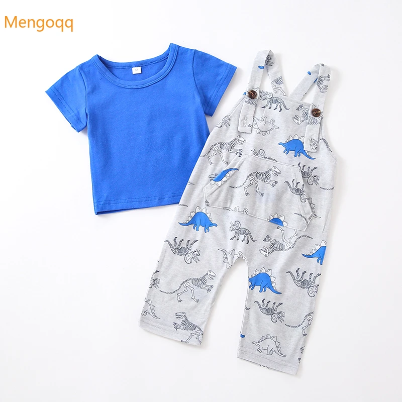 

Infant Boys Summer Short Sleeve Solid Top T-shirts Dinosaur Print Overalls Romper Kids Baby Clothing Set 2pcs 3-24M