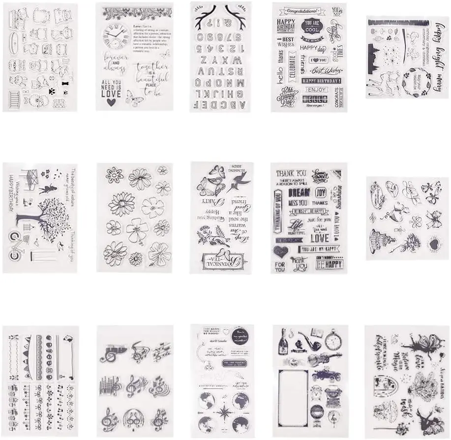 

15 шт., силиконовые прозрачные штампы для открыток, «сделай сам» (Рождественская тема, алфавит, Размеры 0-9, бабочка, цветок, музыкальная нота, к...