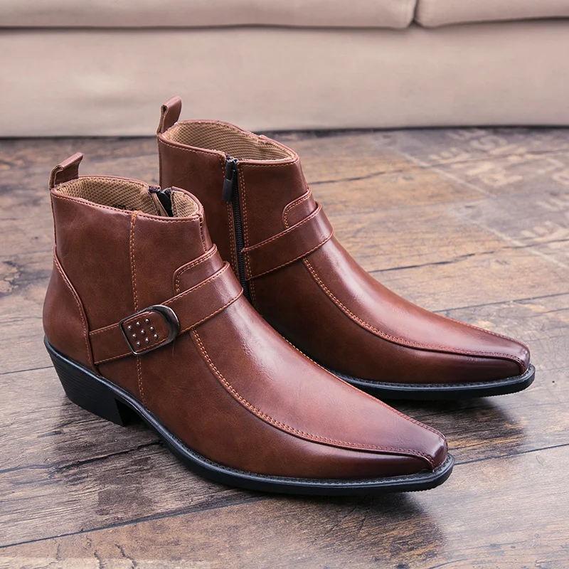 

Мужские кожаные ботинки без застежки, коричневые повседневные ботильоны на молнии сбоку, обувь для осени, 2022