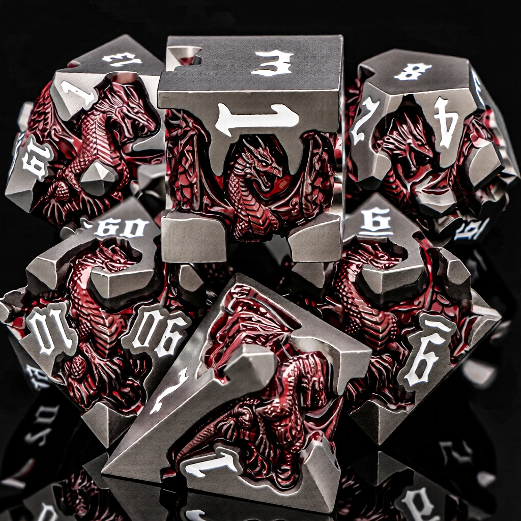 Фото Набор металлических кубиков Dragon DND D6 для настольных ролевых игр D&D, Pathfinder, Black Red RPG, многогранные кубики D20 D&D №5