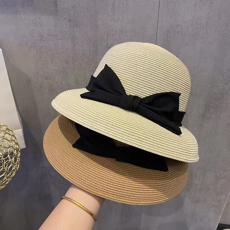 Women's Summer Hat Panama Bucket Cap Luxury Straw Hats Ceremony Ladies Dome Hepburn Style Hats Spring Visor Beach Hat