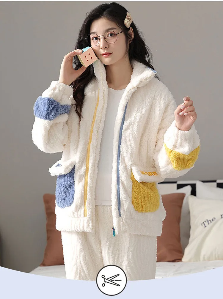 Yasuk Autumn Winter Women's Casual Lovely Sweet Girl Warm Soft Sleepwear Loose Pajamas With Pants  Velvet Simple Splicing Pocket