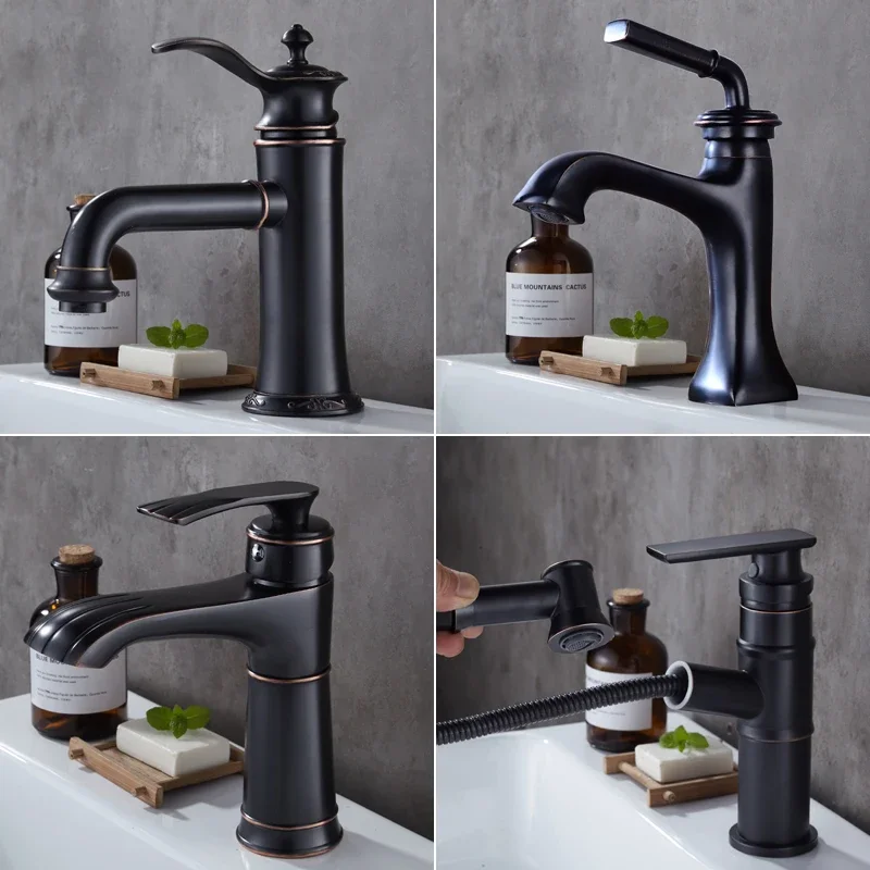 

Black Faucet Hot and Cold Washbasin Basin Faucet American Bathroom Wash Basin Copper Single Hole Counter Basin Tap