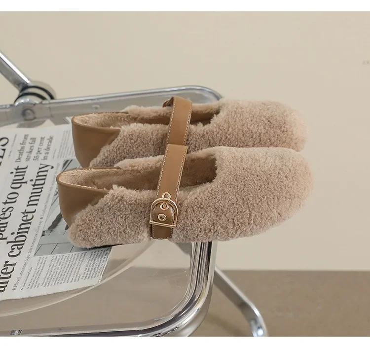 Khaqi Зимние женские туфли на плоской подошве из искусственной шерсти с круглым