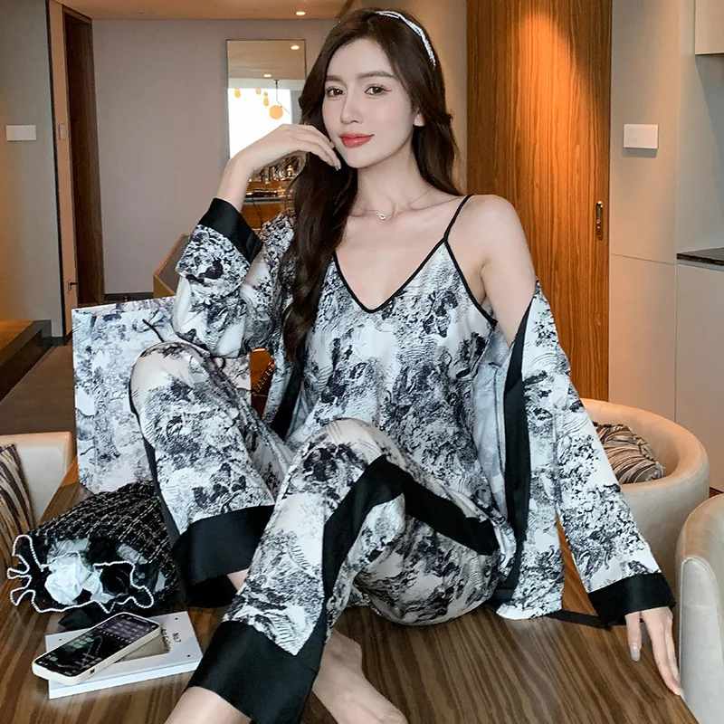 

QSROCIO Women's Pajamas 3-Piece Set Ink Jungle Print Kimono Robe Sleepwear Faux Silk Homewear V Neck Nightwear Casual Loungewear
