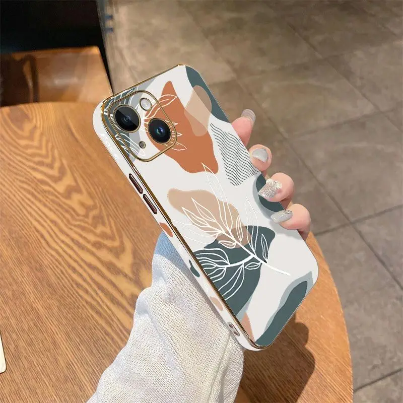 Wavy Leaves Luxury Plating Phone Case For iPhone 14 13 12 11 Plus Pro Max Mini X XR XS SE2020 8 7 6 6S Plus Cover
