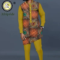 bazin riche african men clothing print shirts with three chain and pants 2 piece set dashiki outfits plus size casual a2216020