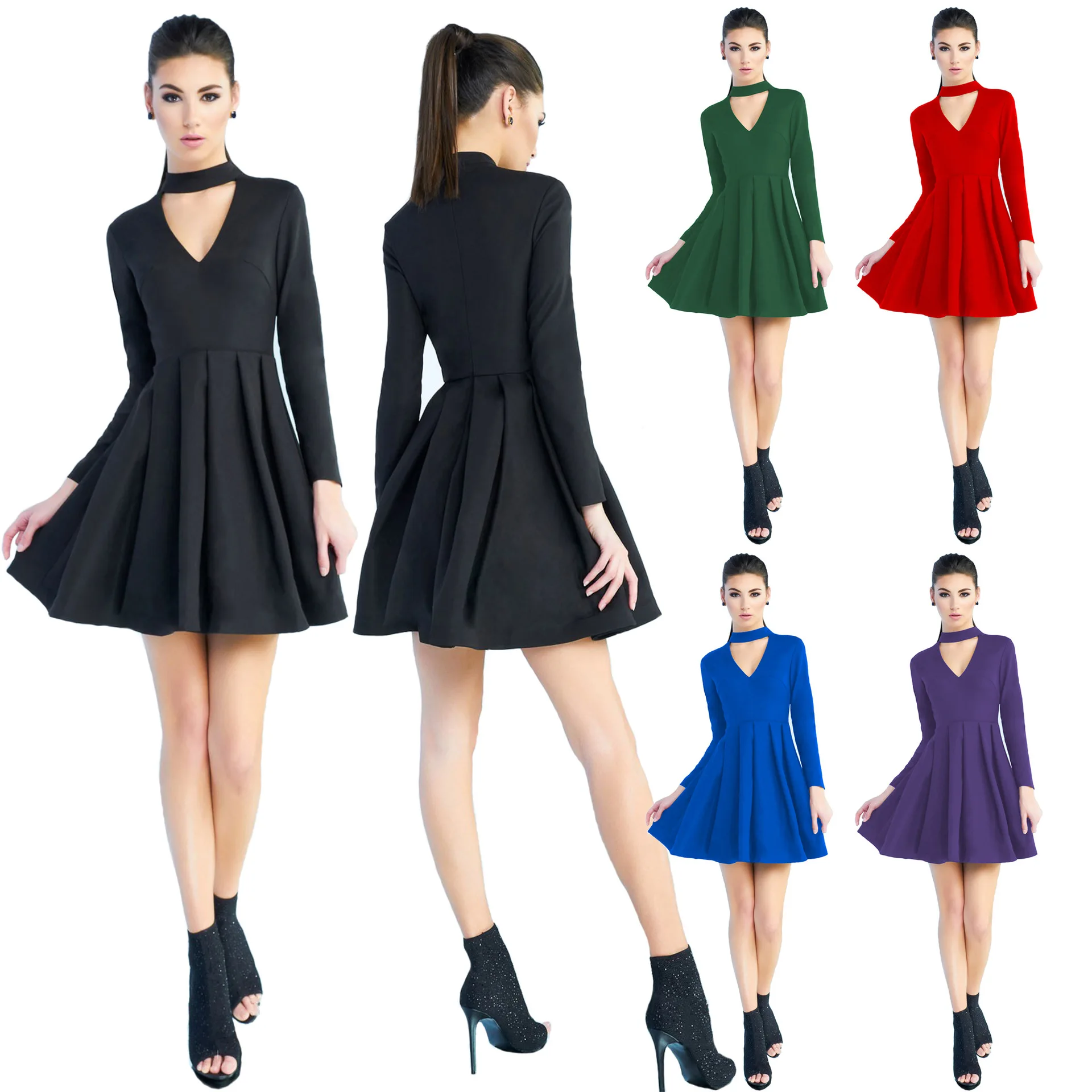 

2023 new women's dress pleated skirt fashion hollow long sleeve dress