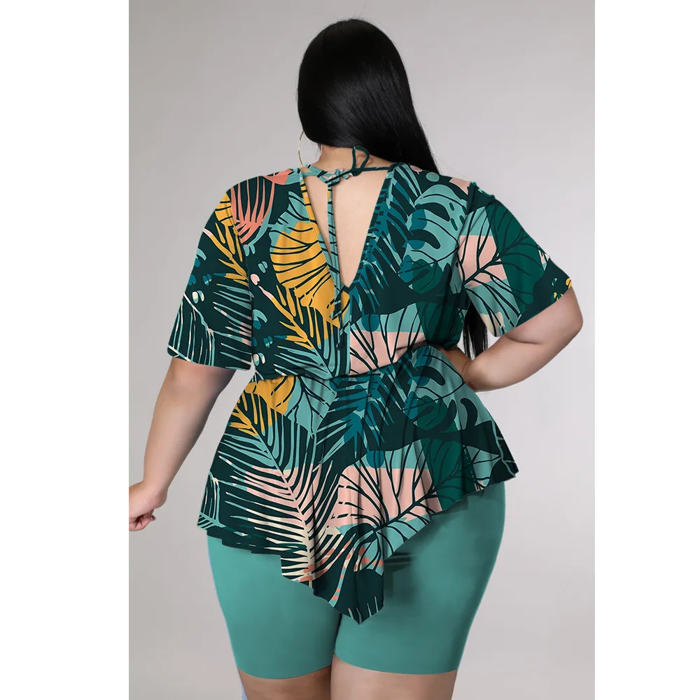 Plus Size Women 4xl Set Leaf Print Tops And Solid Pants 2022 Summer Two Piece Sets Lady Sweatshirt Female Tracksuit Wholesale