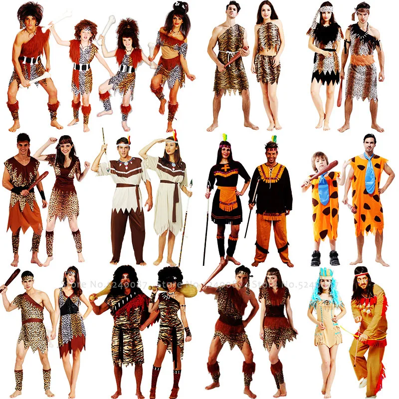 Disfraz de Halloween para hombre y mujer, traje de Cosplay para fiesta de Halloween, aborigen, indio primitivo, leopardo, Vikingo, salvaje, vestido, conjunto de traje de escenario