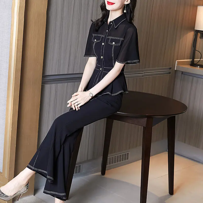 

2022 Women's Summer Fashion Korean Suits Female Short Sleeve Stitching Shirts + Loose Wide-leg Pants Ladies Two-piece Sets R181