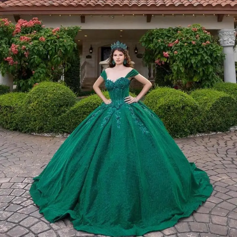 Блестящее темно-зеленое платье Quinceanera по индивидуальному заказу бальное с