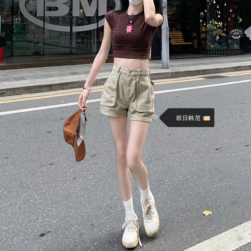 

Джинсовые шорты-карго с карманами, женские летние мини-шорты с завышенной талией, горячие короткие джинсы для дам, облегающие Женские брюки, джинсовые шорты для женщин